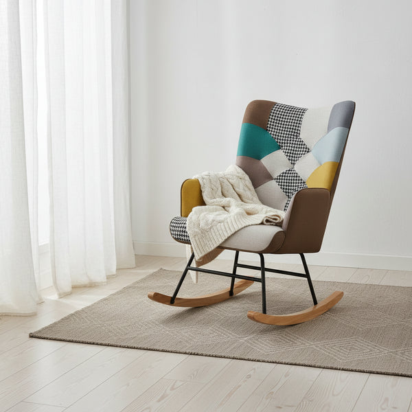 VANOMi 25.2 Wide French Patchwork Linen Upholstered Nursery Rocking Chair with Wood Legs