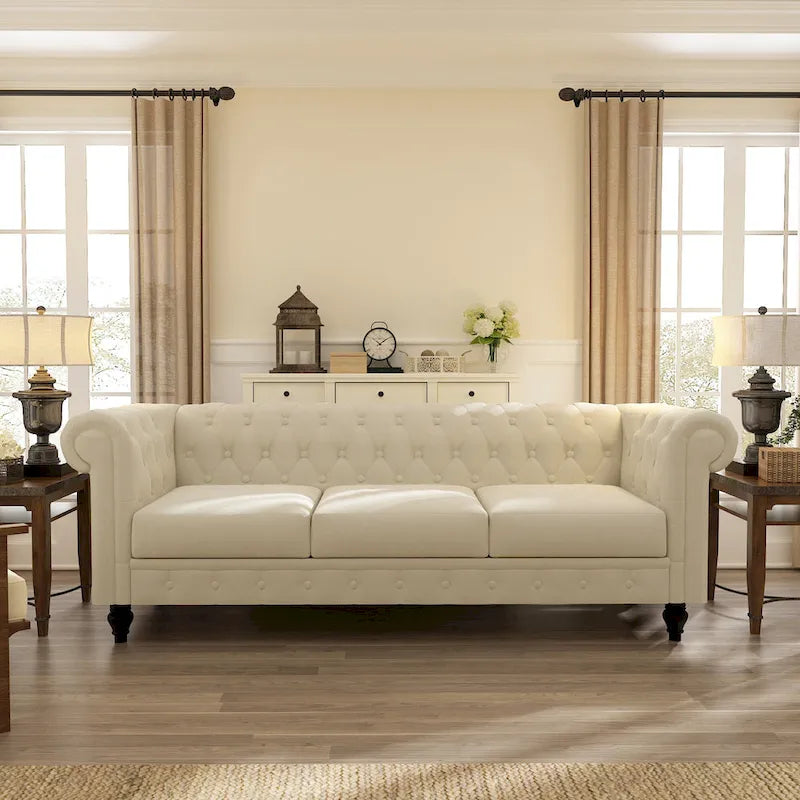 Élégant canapé Chesterfield beige - 3 places en velours avec capitons et pieds en bois