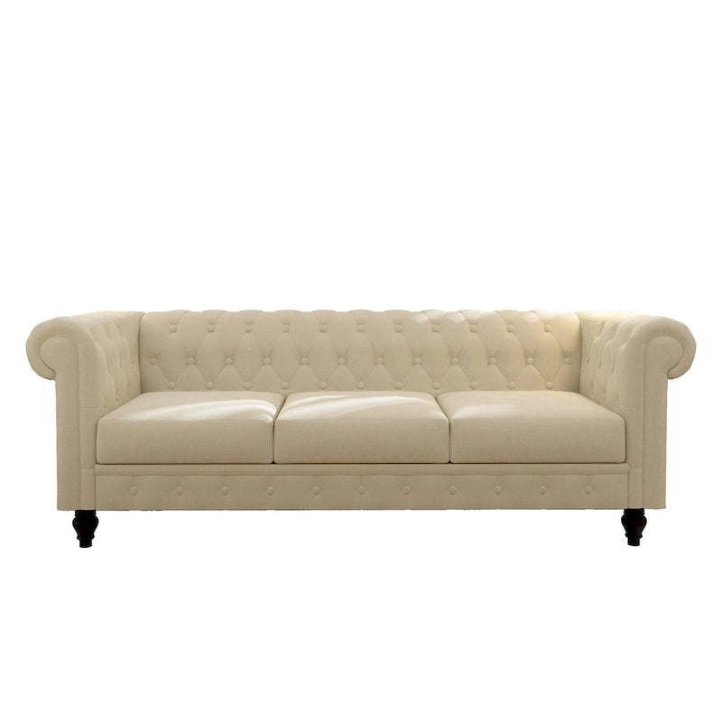 Élégant canapé Chesterfield beige - 3 places en velours avec capitons et pieds en bois