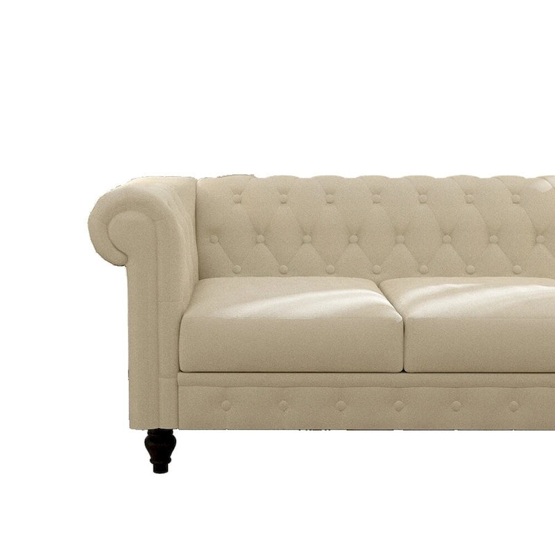 Élégant canapé Chesterfield beige - 3 places en velours avec capitons et pieds en bois