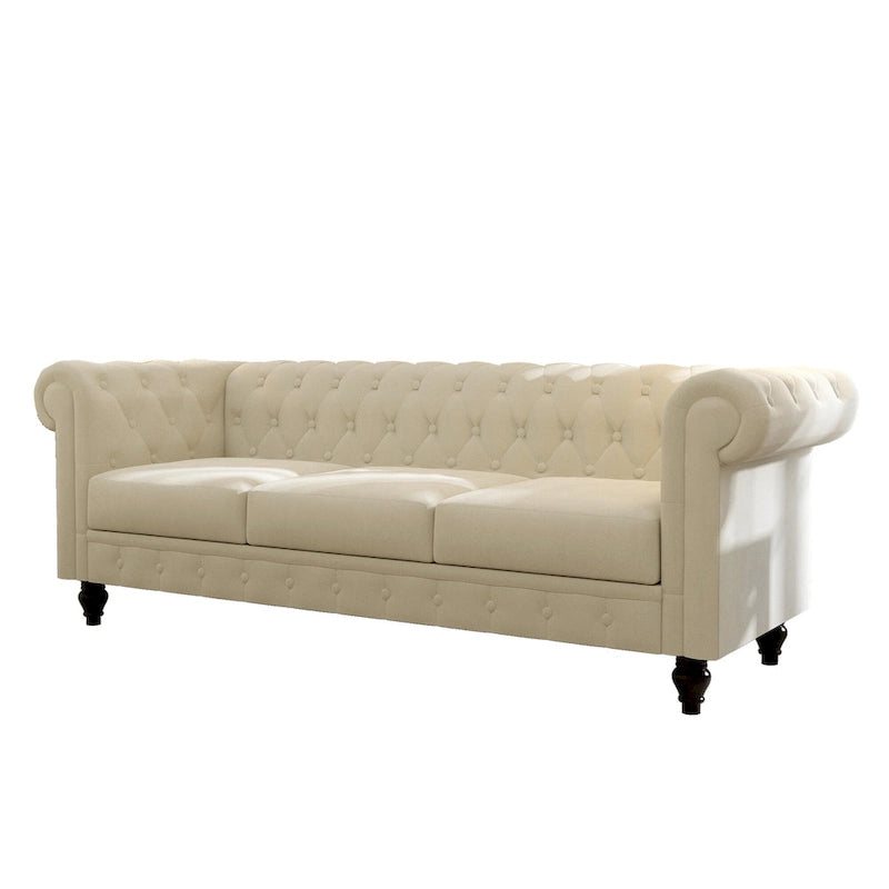 Élégant canapé Chesterfield beige - 3 places en velours avec capitons et pieds en bois
