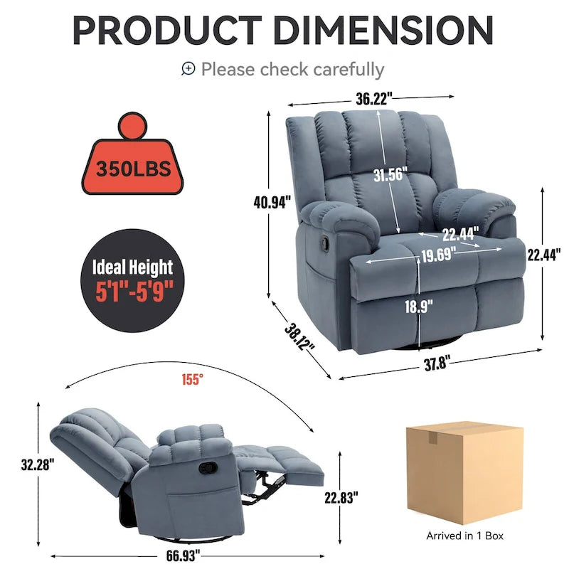 Fauteuil inclinable manuel en tissu avec fonction bascule et pivot pour salon, bleu
