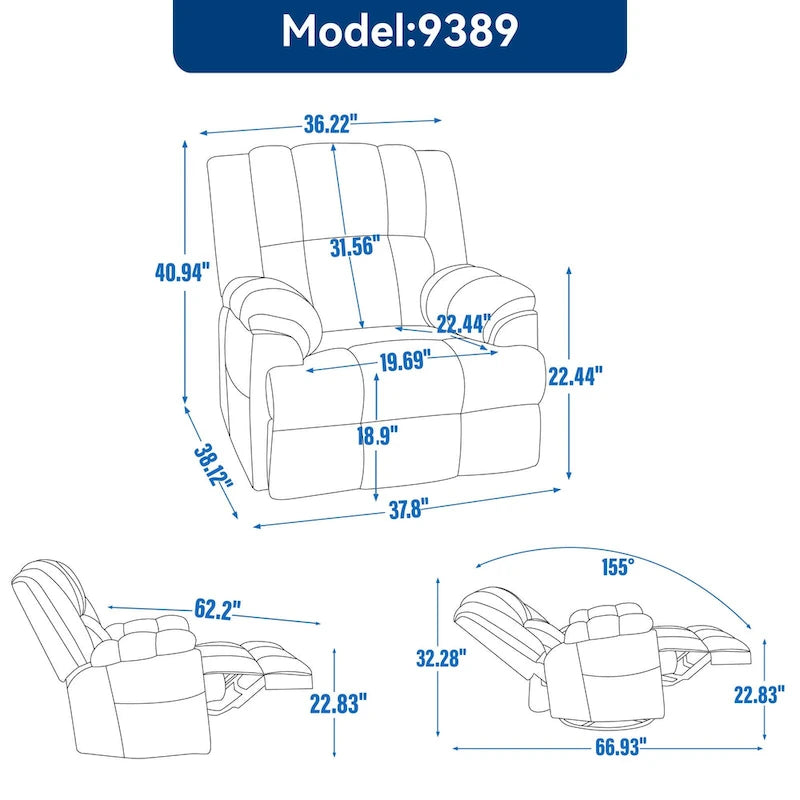 Fauteuil inclinable manuel en tissu avec fonction bascule et pivot pour salon, bleu