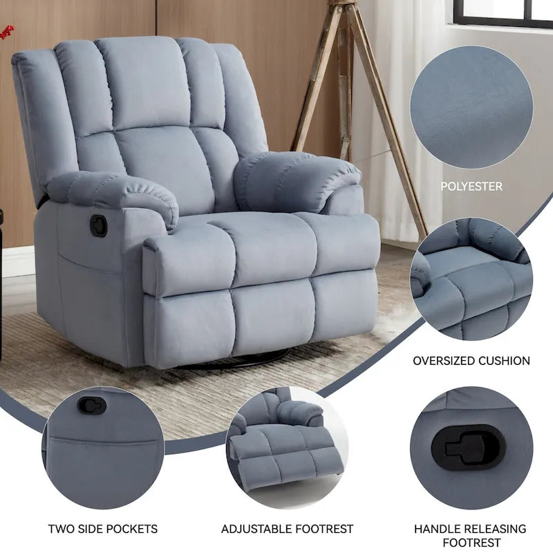 Fauteuil inclinable manuel en tissu avec fonction bascule et pivot pour salon, bleu