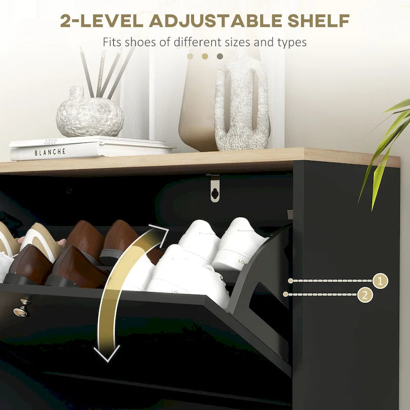 Meuble à chaussures fin pour entrée, meuble de rangement à chaussures dissimulé avec 2 tiroirs basculants et étagères réglables pour 12 paires de chaussures