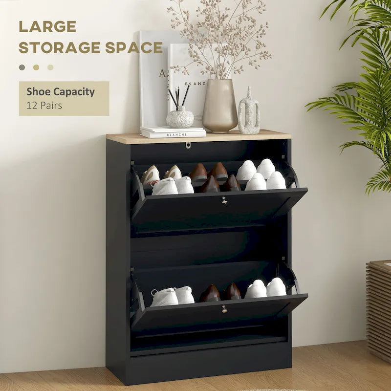 Meuble à chaussures fin pour entrée, meuble de rangement à chaussures dissimulé avec 2 tiroirs basculants et étagères réglables pour 12 paires de chaussures