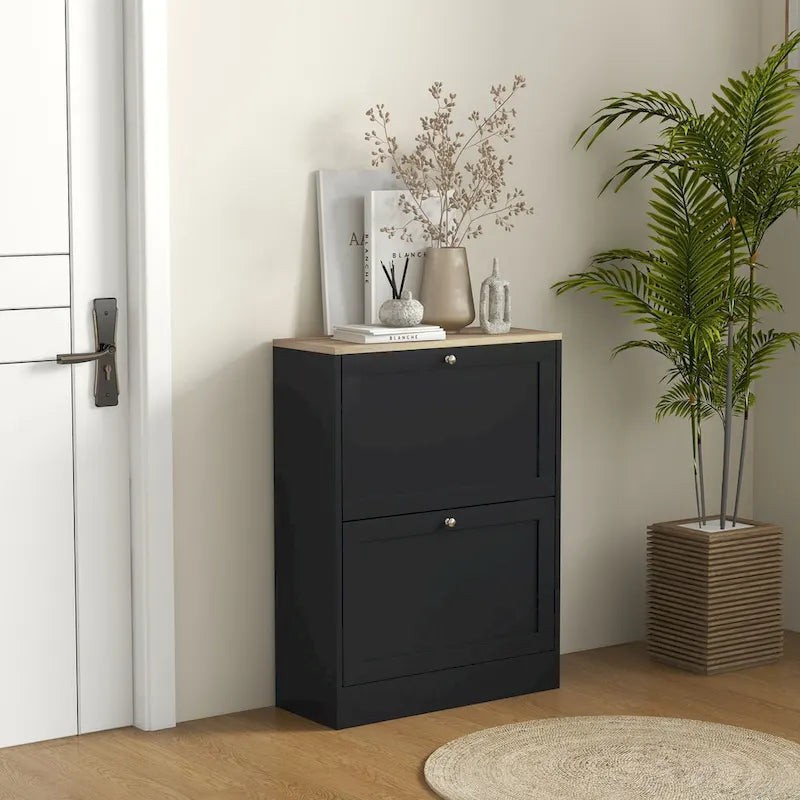 Meuble à chaussures fin pour entrée, meuble de rangement à chaussures dissimulé avec 2 tiroirs basculants et étagères réglables pour 12 paires de chaussures