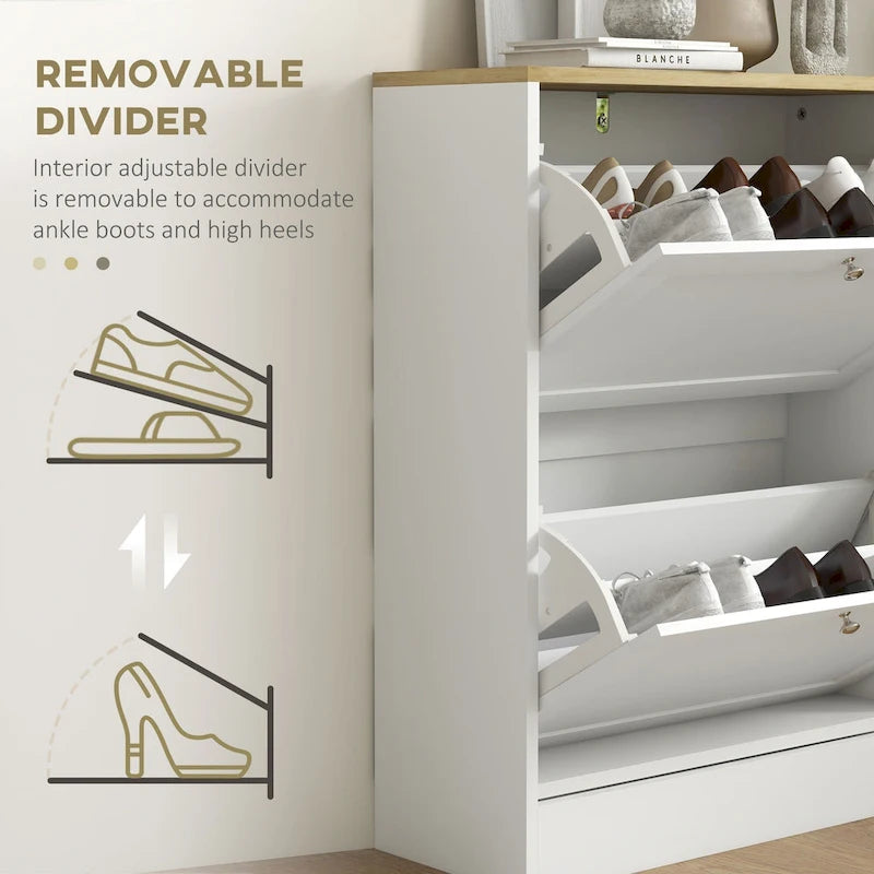 Meuble à chaussures fin pour entrée, meuble de rangement à chaussures dissimulé avec 2 tiroirs basculants et étagères réglables pour 12 paires de chaussures