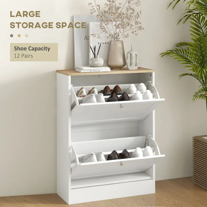 Meuble à chaussures fin pour entrée, meuble de rangement à chaussures dissimulé avec 2 tiroirs basculants et étagères réglables pour 12 paires de chaussures