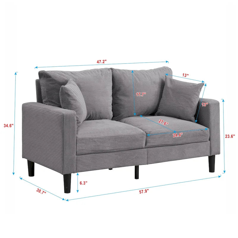 Canapé moderne rembourré avec 2 oreillers et coussin en mousse haute densité, cadre en bois pour salon et bureau