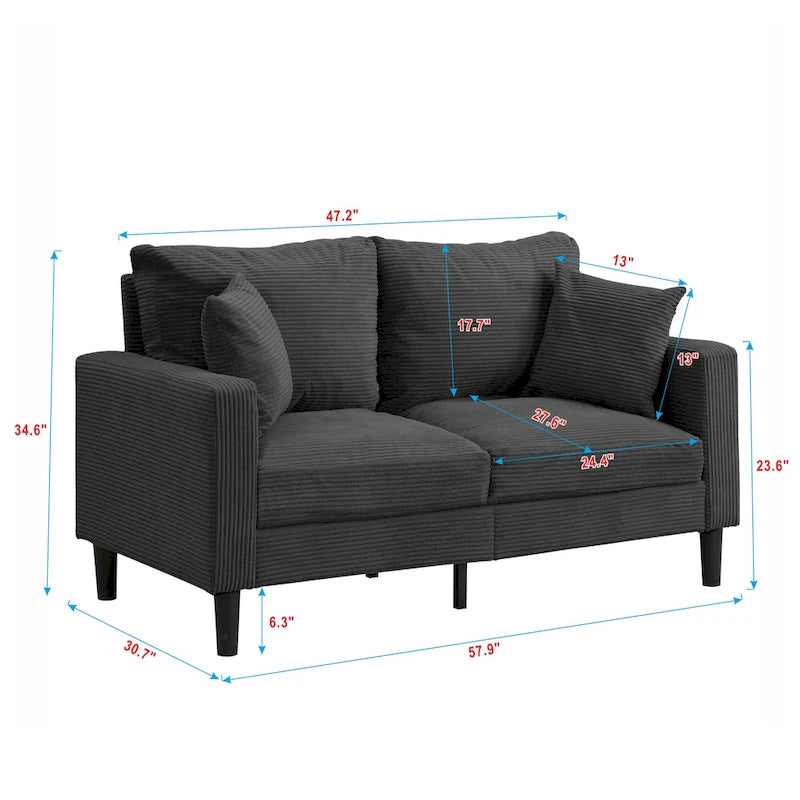 Canapé moderne rembourré avec 2 oreillers et coussin en mousse haute densité, cadre en bois pour salon et bureau