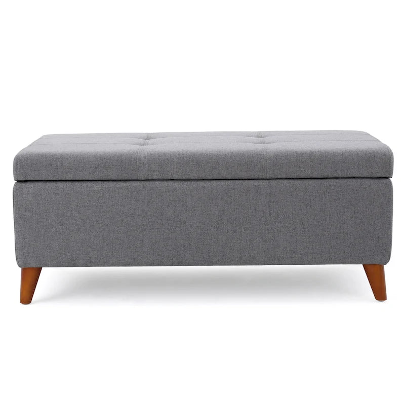 Banc Pouf de Rangement, Coussins en Tissu Gris, Pieds en Bois Marron, 38 Pouces