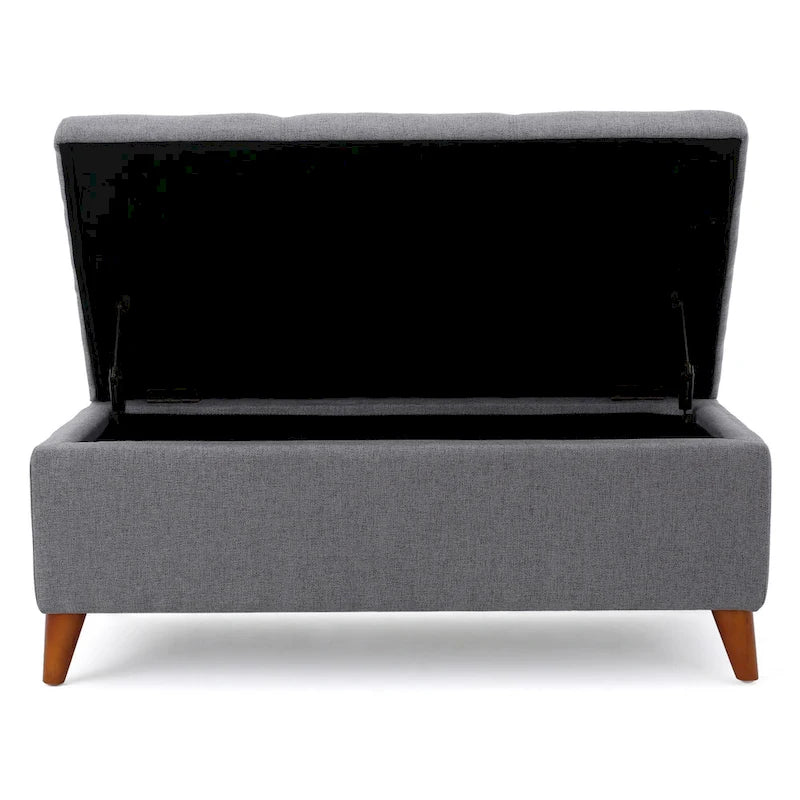 Banc Pouf de Rangement, Coussins en Tissu Gris, Pieds en Bois Marron, 38 Pouces