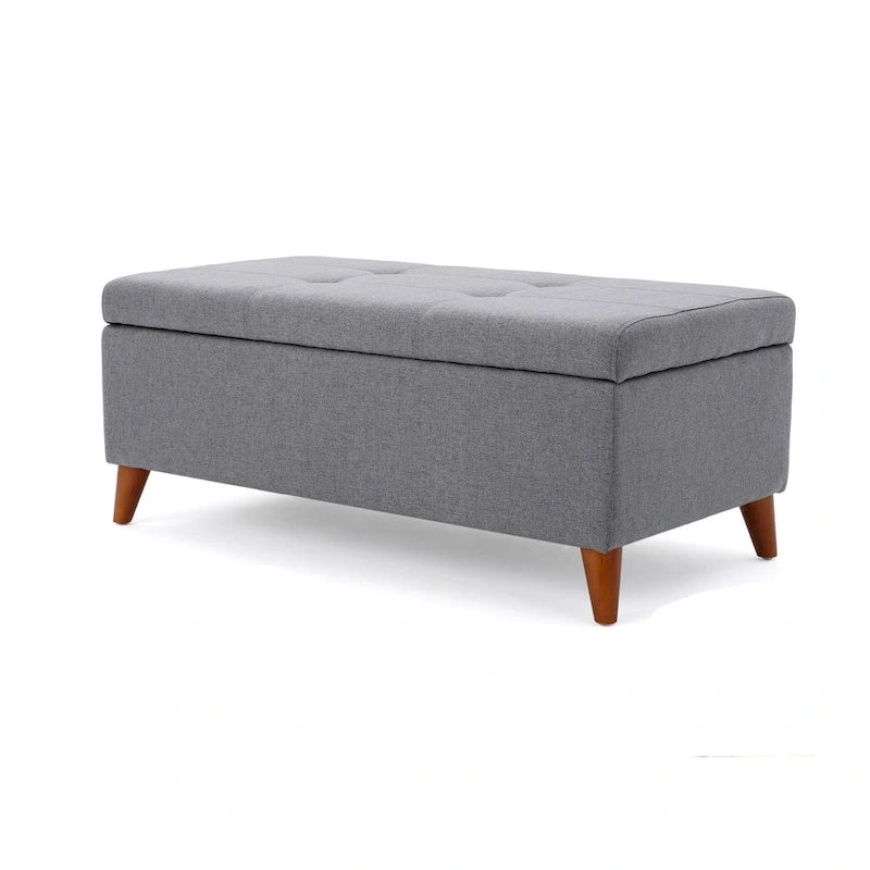 Banc Pouf de Rangement, Coussins en Tissu Gris, Pieds en Bois Marron, 38 Pouces
