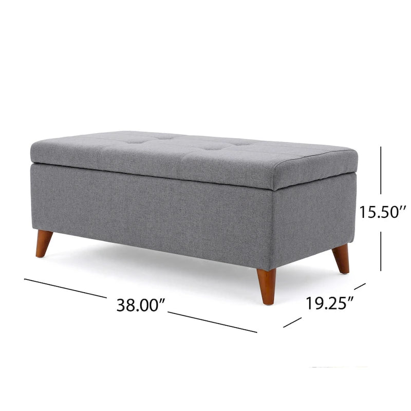 Banc Pouf de Rangement, Coussins en Tissu Gris, Pieds en Bois Marron, 38 Pouces