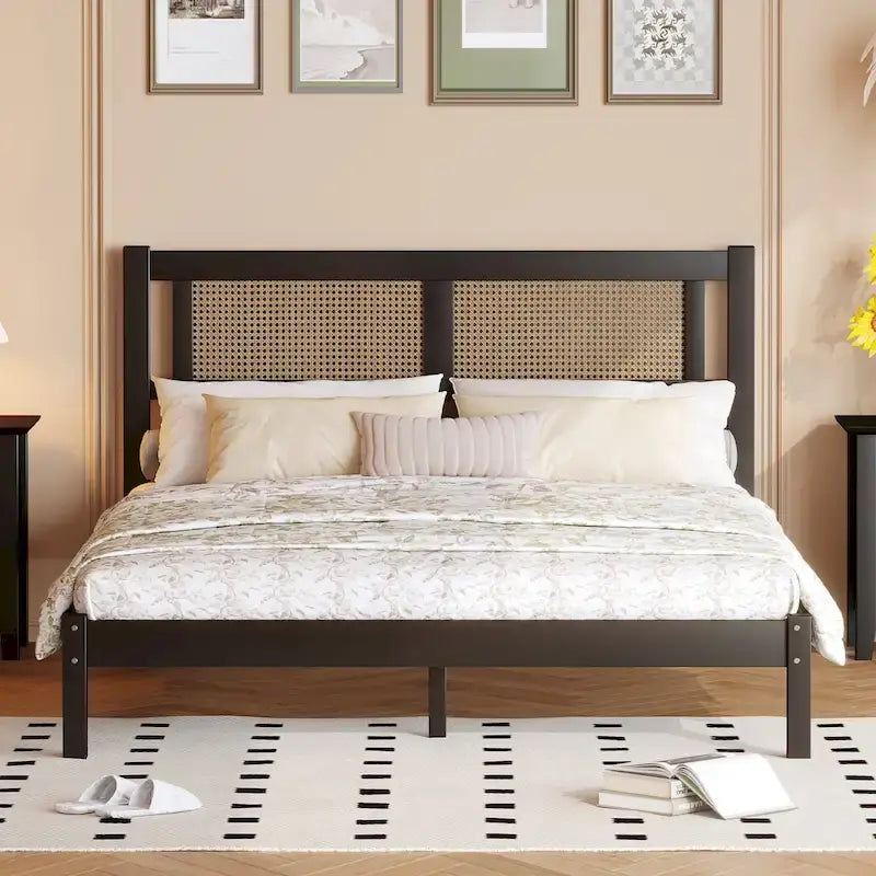Lit plateforme moderne en bois avec tête de lit en rotin naturel pour chambre à coucher