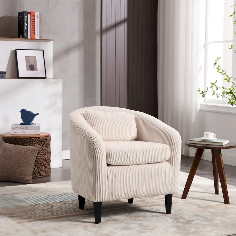 Fauteuil tonneau moderne de 24,8 po, rembourré, avec pieds en bois et coussins, pour le salon