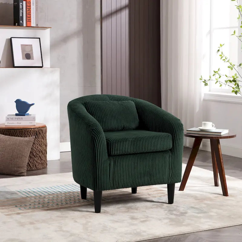 Fauteuil tonneau moderne de 24,8 po, rembourré, avec pieds en bois et coussins, pour le salon