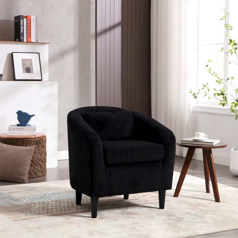 Fauteuil tonneau moderne de 24,8 po, rembourré, avec pieds en bois et coussins, pour le salon