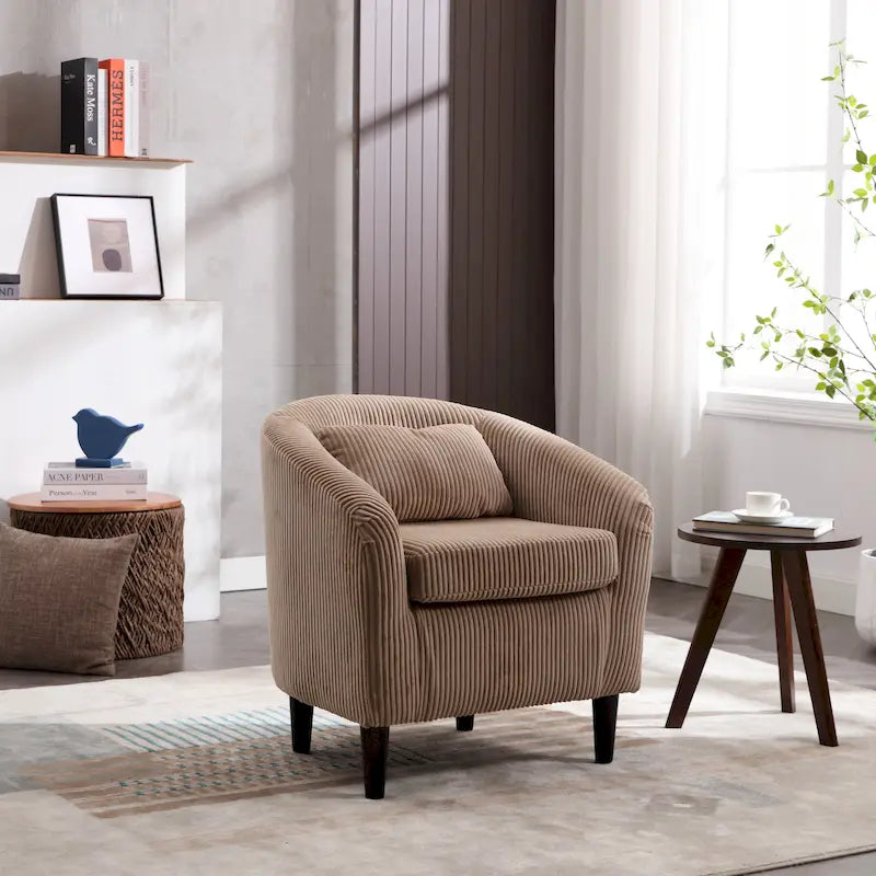 Fauteuil tonneau moderne de 24,8 po, rembourré, avec pieds en bois et coussins, pour le salon