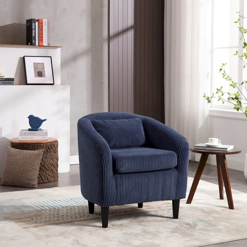 Fauteuil tonneau moderne de 24,8 po, rembourré, avec pieds en bois et coussins, pour le salon