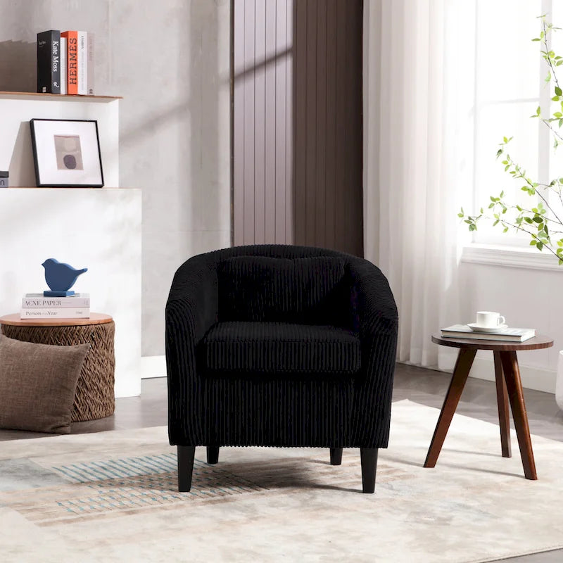 Fauteuil tonneau moderne de 24,8 po, rembourré, avec pieds en bois et coussins, pour le salon
