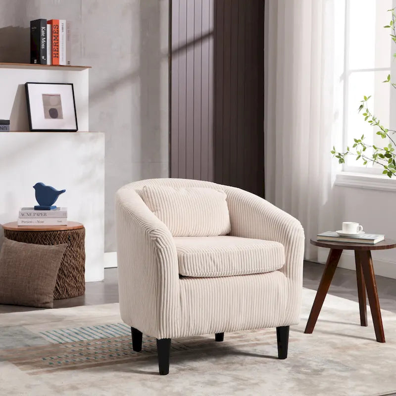 Fauteuil tonneau moderne de 24,8 po, rembourré, avec pieds en bois et coussins, pour le salon