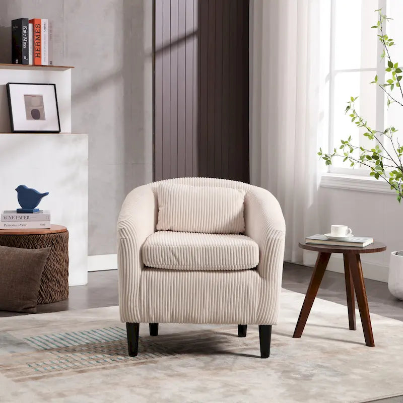 Fauteuil tonneau moderne de 24,8 po, rembourré, avec pieds en bois et coussins, pour le salon