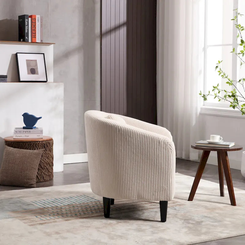 Fauteuil tonneau moderne de 24,8 po, rembourré, avec pieds en bois et coussins, pour le salon