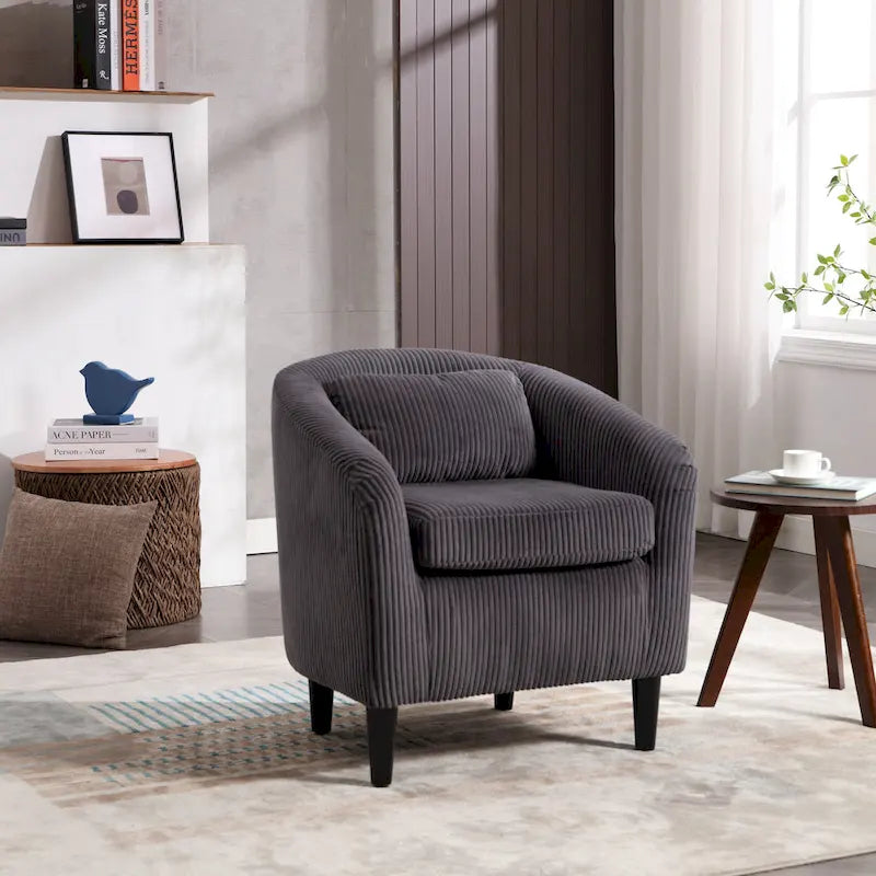 Fauteuil tonneau moderne de 24,8 po, rembourré, avec pieds en bois et coussins, pour le salon