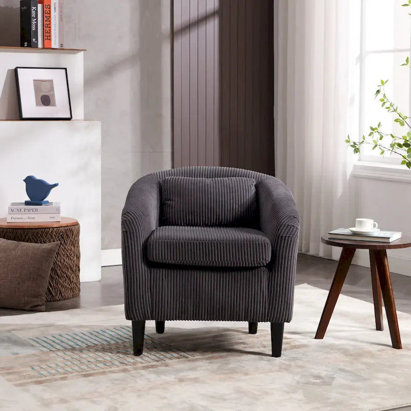 Fauteuil tonneau moderne de 24,8 po, rembourré, avec pieds en bois et coussins, pour le salon