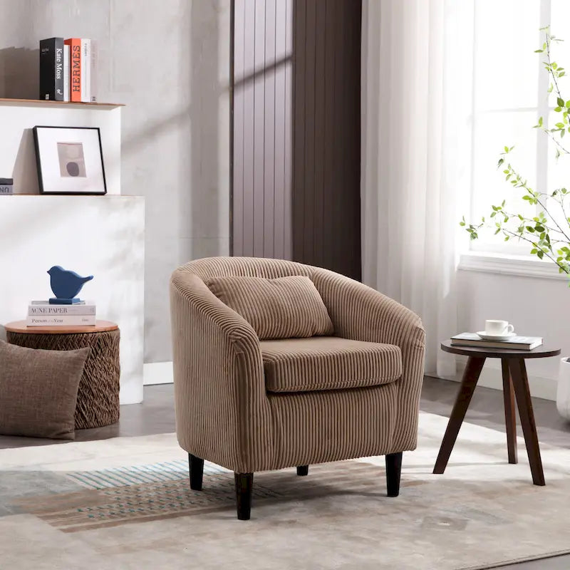 Fauteuil tonneau moderne de 24,8 po, rembourré, avec pieds en bois et coussins, pour le salon