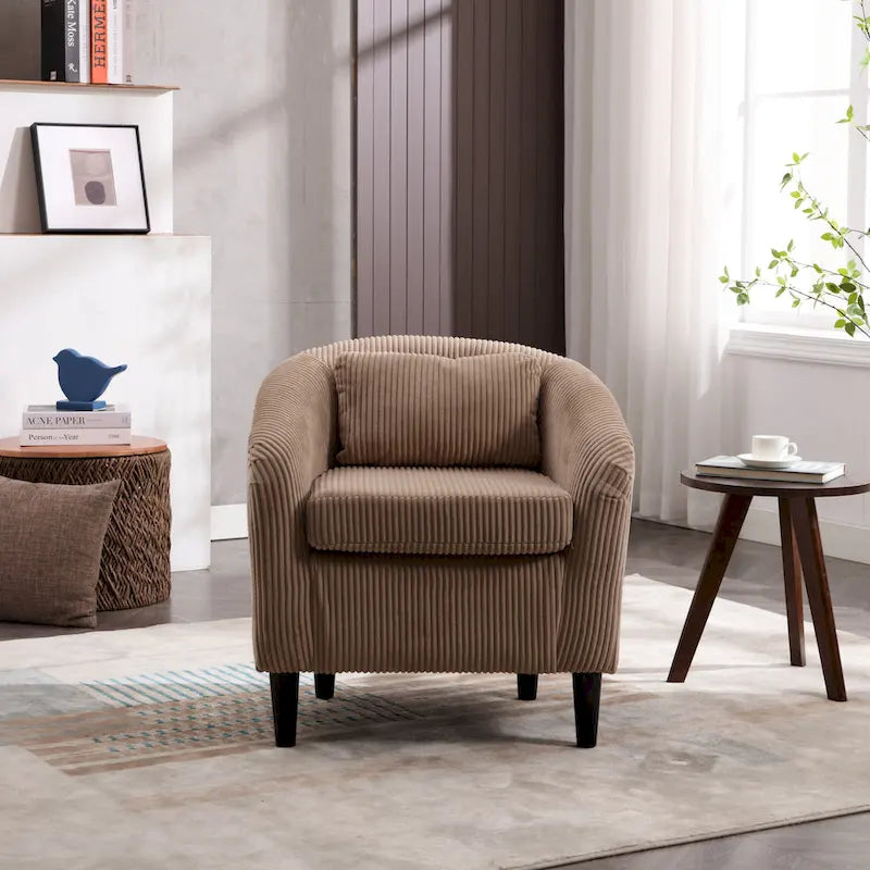 Fauteuil tonneau moderne de 24,8 po, rembourré, avec pieds en bois et coussins, pour le salon
