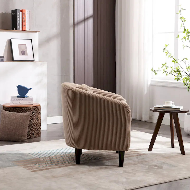 Fauteuil tonneau moderne de 24,8 po, rembourré, avec pieds en bois et coussins, pour le salon