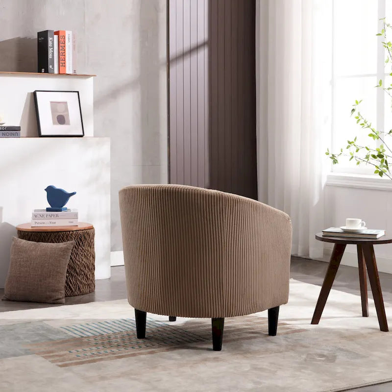 Fauteuil tonneau moderne de 24,8 po, rembourré, avec pieds en bois et coussins, pour le salon