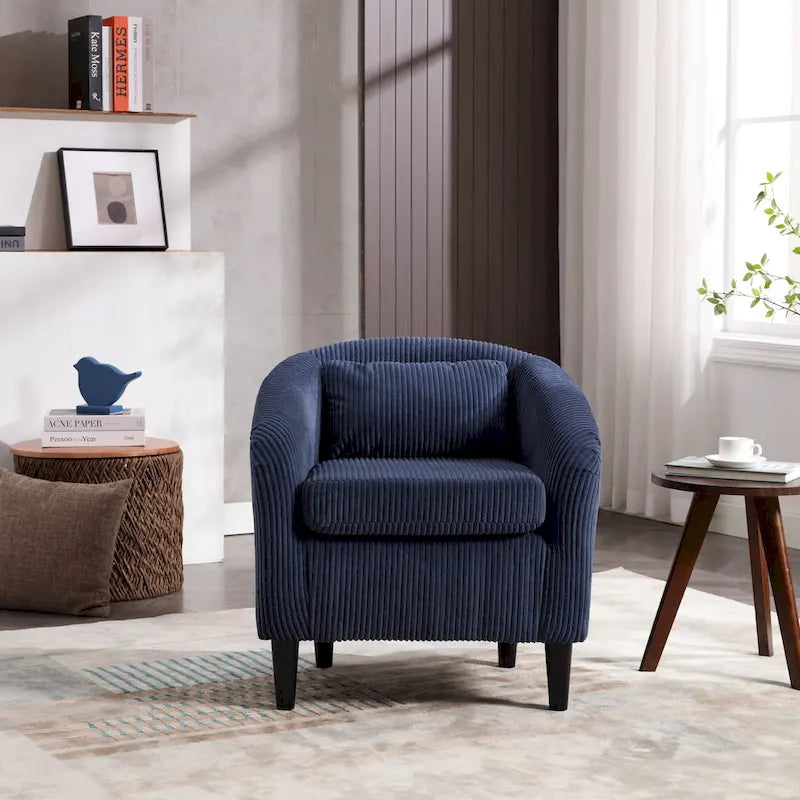 Fauteuil tonneau moderne de 24,8 po, rembourré, avec pieds en bois et coussins, pour le salon