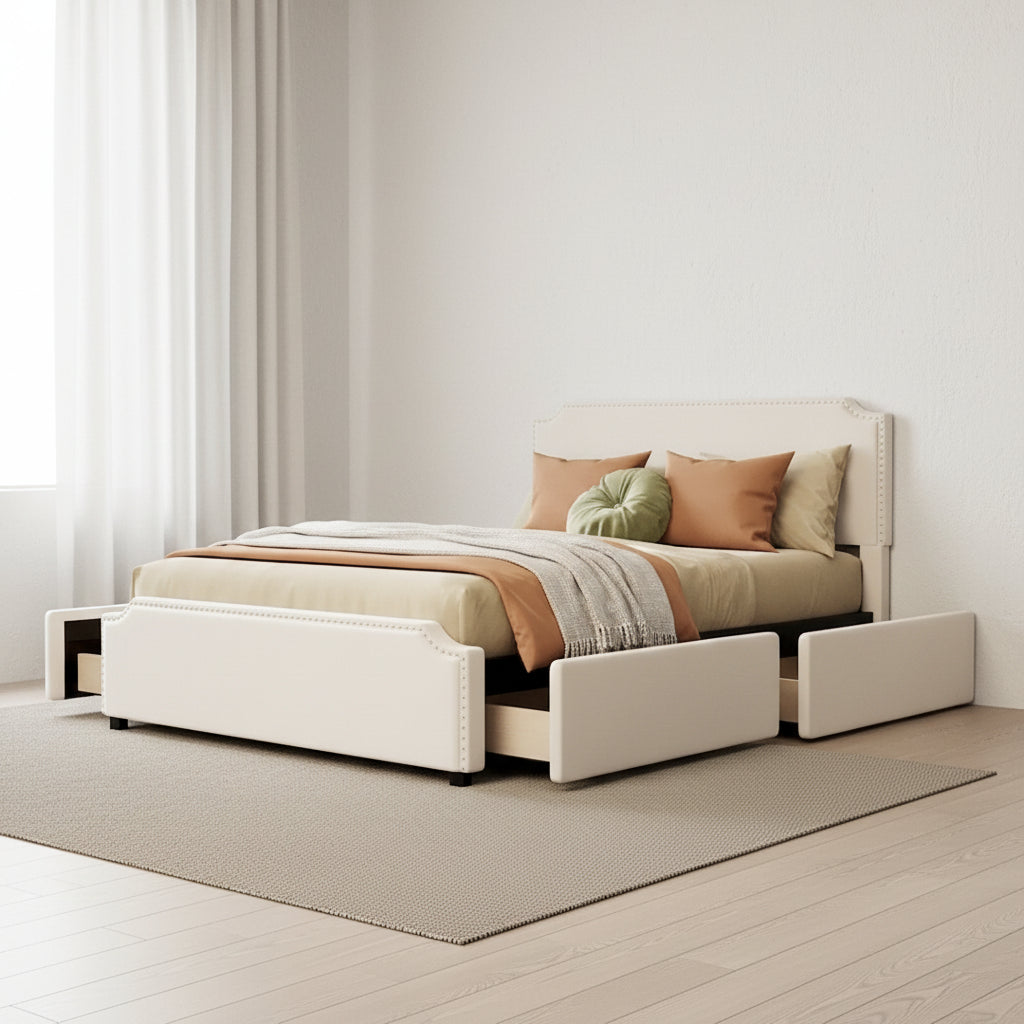 Velvet Queen Platform Bed with 4 Drawers & Nailhead Trim