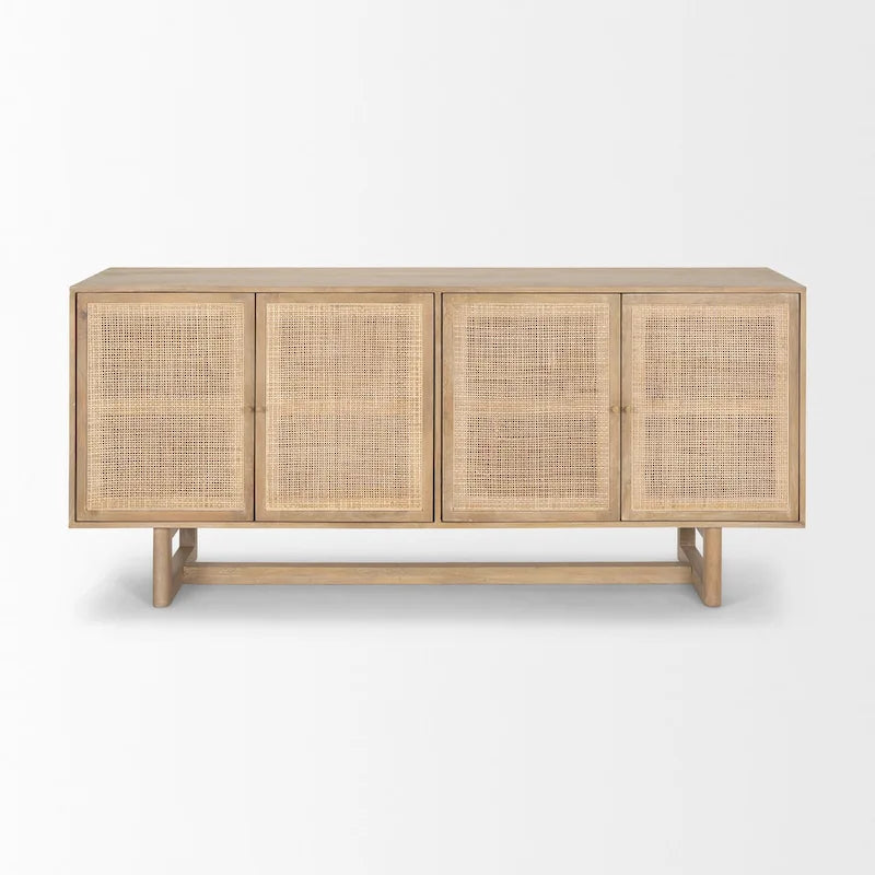 Bahut 4 portes en bois massif marron clair et cannage - 72,0L x 18,0W x 31,0H