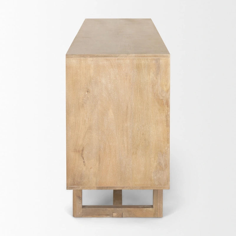 Bahut 4 portes en bois massif marron clair et cannage - 72,0L x 18,0W x 31,0H