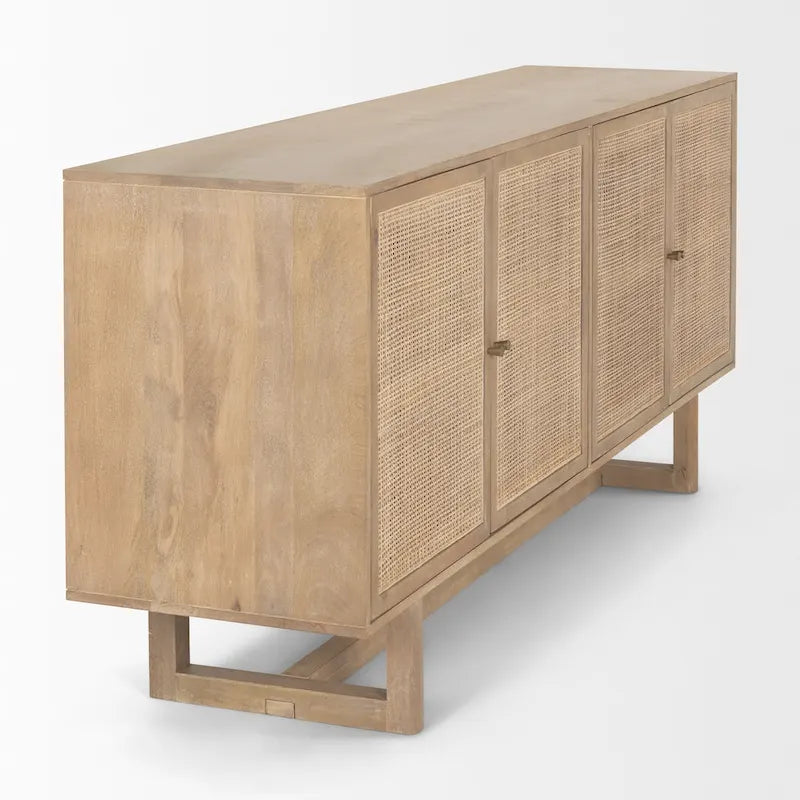 Bahut 4 portes en bois massif marron clair et cannage - 72,0L x 18,0W x 31,0H