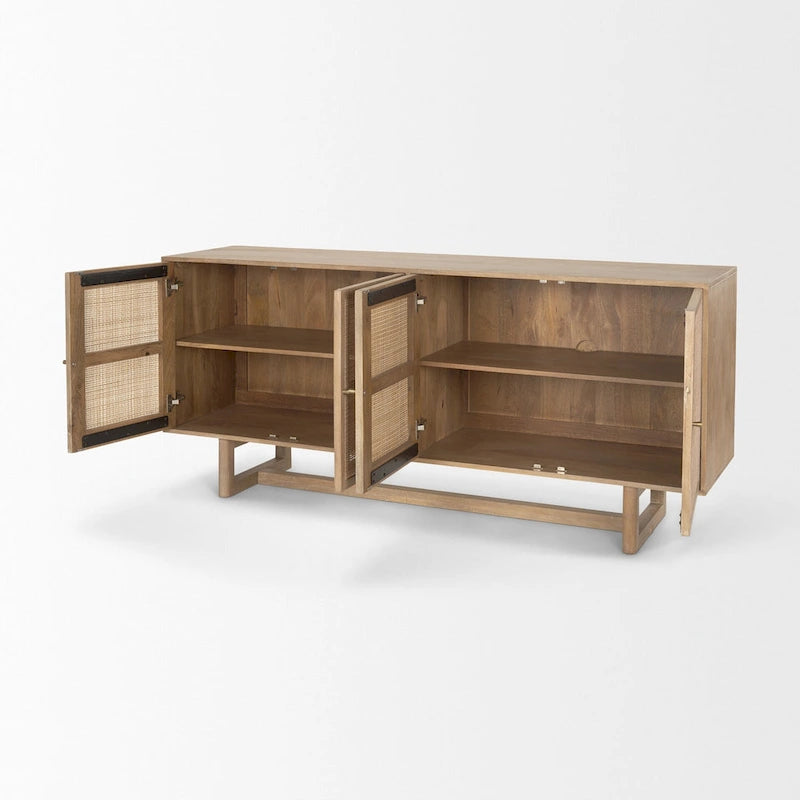 Bahut 4 portes en bois massif marron clair et cannage - 72,0L x 18,0W x 31,0H