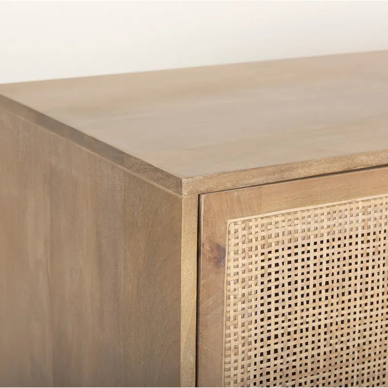 Bahut 4 portes en bois massif marron clair et cannage - 72,0L x 18,0W x 31,0H