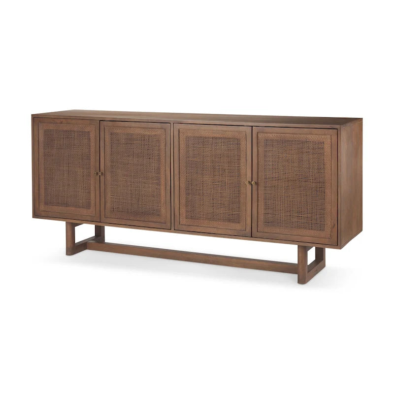 Bahut 4 portes en bois massif marron clair et cannage - 72,0L x 18,0W x 31,0H