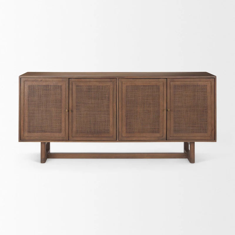 Bahut 4 portes en bois massif marron clair et cannage - 72,0L x 18,0W x 31,0H