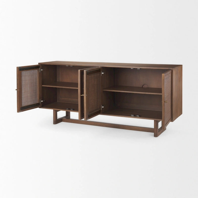 Bahut 4 portes en bois massif marron clair et cannage - 72,0L x 18,0W x 31,0H