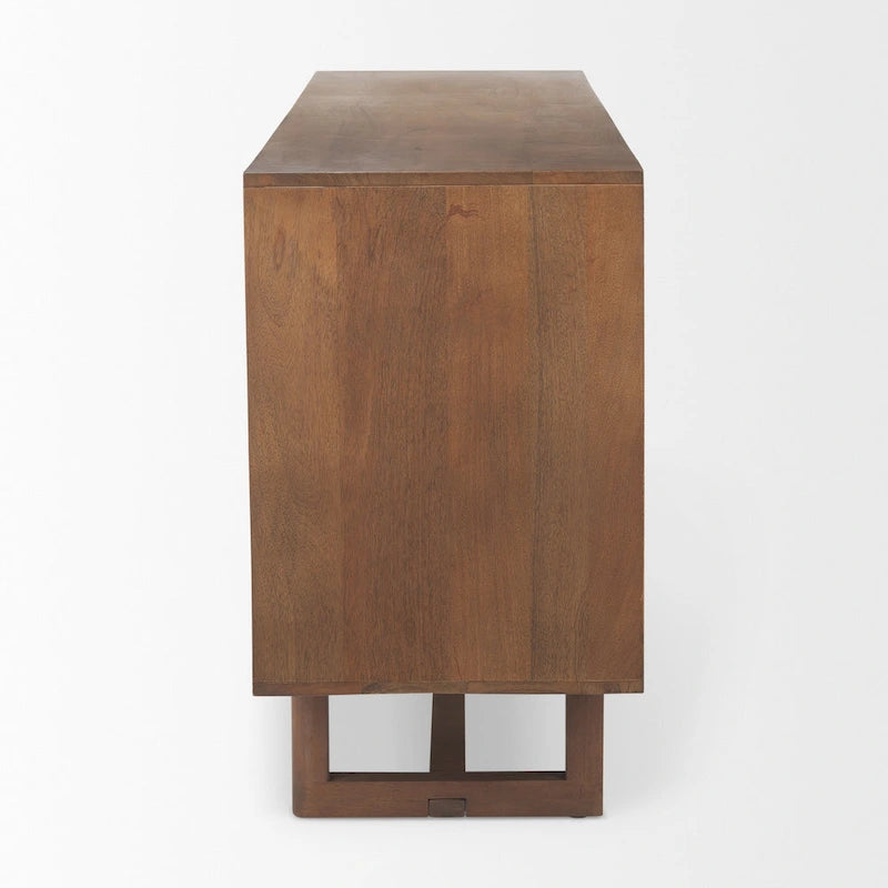 Bahut 4 portes en bois massif marron clair et cannage - 72,0L x 18,0W x 31,0H