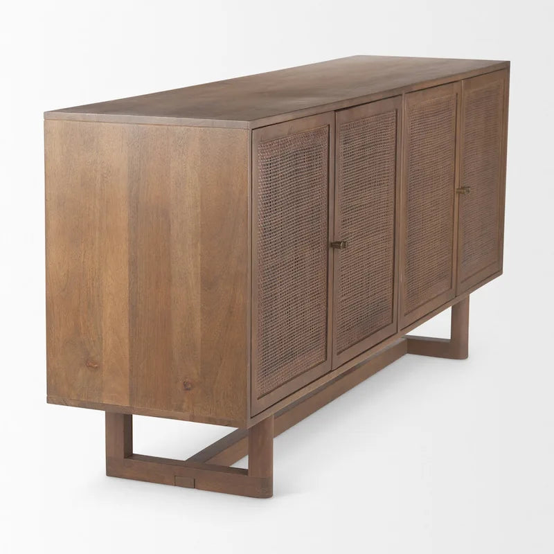 Bahut 4 portes en bois massif marron clair et cannage - 72,0L x 18,0W x 31,0H