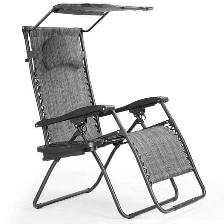 Chaise longue pliante inclinable avec auvent pare-soleil et porte-gobelet - Grise