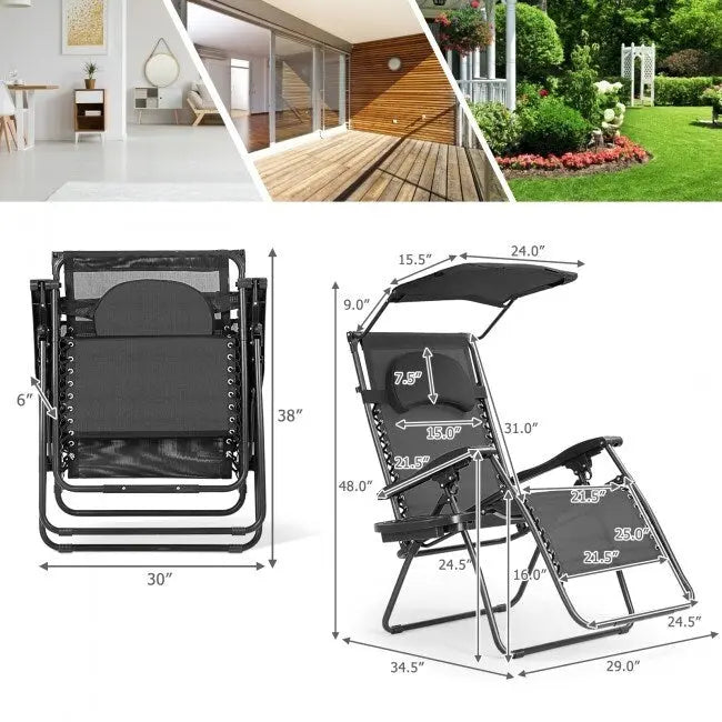 Chaise longue pliante inclinable avec auvent pare-soleil et porte-gobelet - Grise
