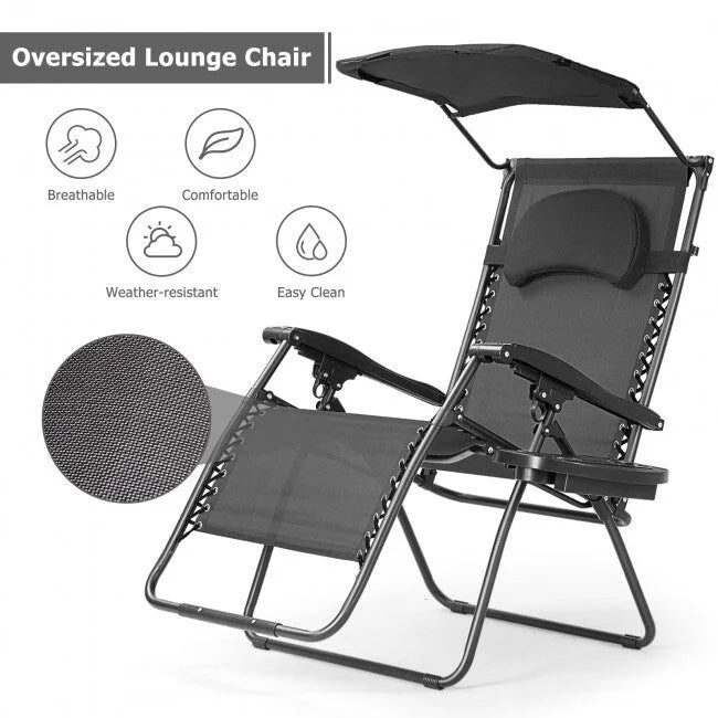 Chaise longue pliante inclinable avec auvent pare-soleil et porte-gobelet - Grise